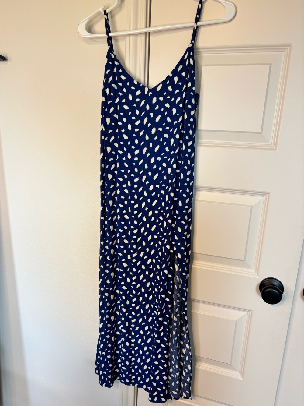 Reformation Navy Blue Spotted Slip Midi Dress